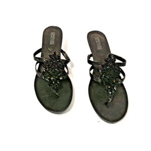 BEADED BLK LEATHER Wedge Designer Sandals Women's Size 8M Beaded Casual Glamour